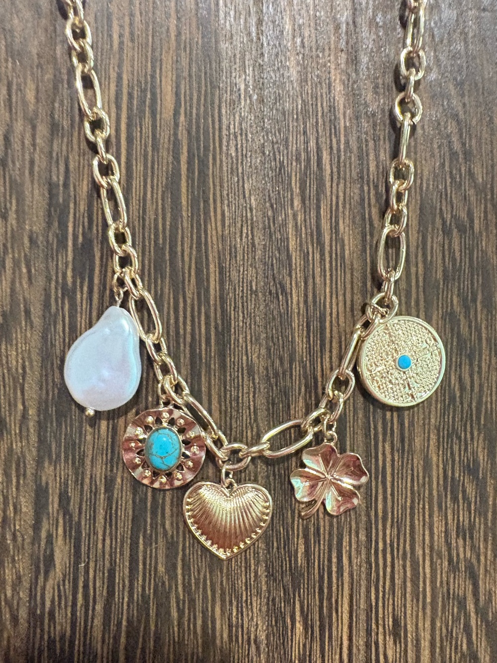 Gold Charm Necklace with Turquoise and Pearl Accents
